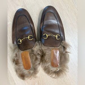 Gucci Brown Leather Fur-Lined Horsebit Slip-On Loafers